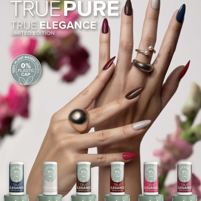 six andreia professional true pure gel polish bottles with model hands showing manicured nails in various colors and rings against floral blurred background