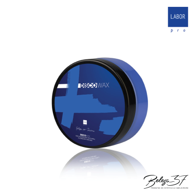 Recipiente redondo de cera para cabelo azul e preto com rótulo azul escuro