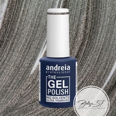 Frasco de verniz gel azul escuro da andreia professional em fundo prateado brilhante glitter.