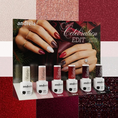 Vernizes gel Andreia Professional Celebration Edit com seis frascos coloridos e mãos femininas com unhas pintadas