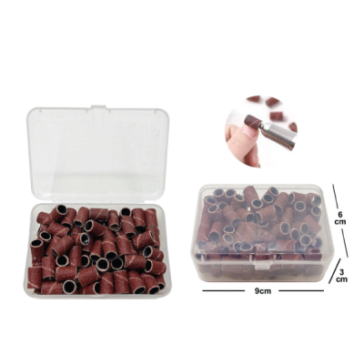 Lixas cilíndricas castanhas para unhas em caixa plástica transparente