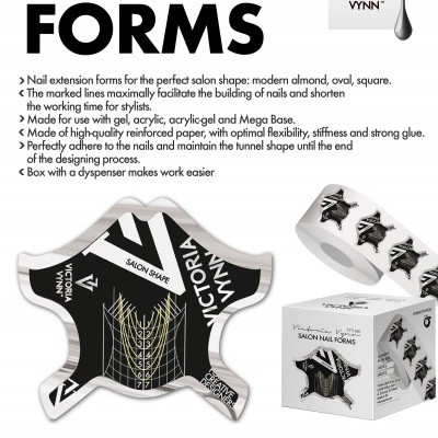 Formas para extensão de unhas Victoria Vynn SALON NAIL FORMS PRETO em papel preto e branco com caixa e dispenser