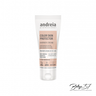 Tubo branco de creme Andreia Color Skin Protector com texto preto e laranja sobre fundo branco