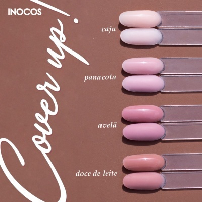 Paleta de vernizes rosa pastel com nomes ao lado, fundo castanho