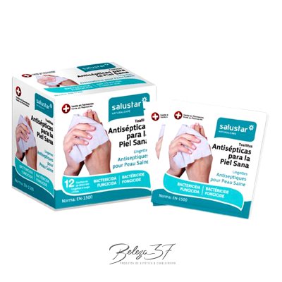 Caixa e pacote individual de toalhitas Salustar antissépticas para a pele