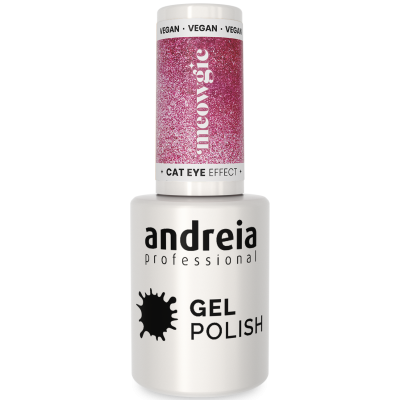 Frasco de verniz gel Andreia Professional cor rosa com brilhos, efeito Cat Eye, vegan