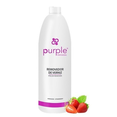 Removedor de verniz Purple Professional em frasco branco com morangos ao lado