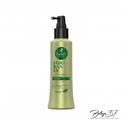 Frasco verde de tónico capilar Haskell Jaborandi 120 ml com válvula preta
