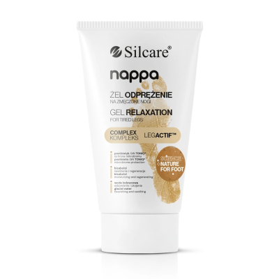 Gel Silcare Nappa de relaxamento para pernas cansadas, embalagem branca com detalhes dourados