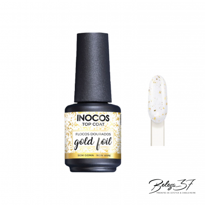 Verniz top coat INOCOS Gold Foil com flocos dourados e tampa preta