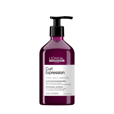 Frasco de shampoo L'Oréal Curl Expression roxo com válvula preta