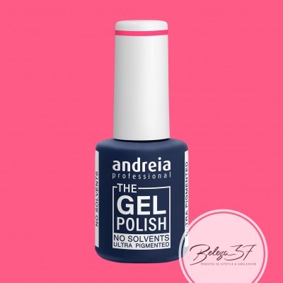 Frasco de verniz gel azul escuro Andreia com tampa branca e linha rosa