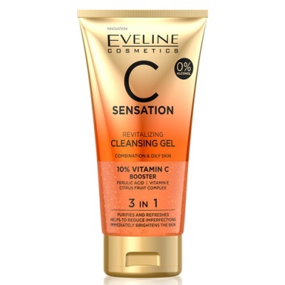 Gel de limpeza revitalizante Eveline Cosmetics C Sensation para pele mista e oleosa, tubo plástico laranja e dourado.