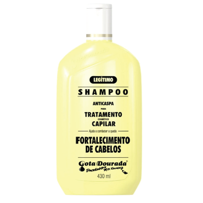 Frasco amarelado de shampoo anticaspa LEGÍTIMO Gota Dourada 430 ml