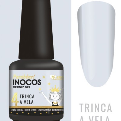 Frasco de verniz gel INOCOS com etiqueta e amostra da cor branca