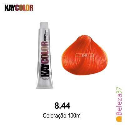 Tubo de coloração capilar Kay Color 8.44 com amostra de cabelo laranja