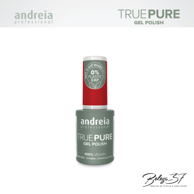 Frasco de verniz gel cor cinza esverdeado com tampa vermelha e texto