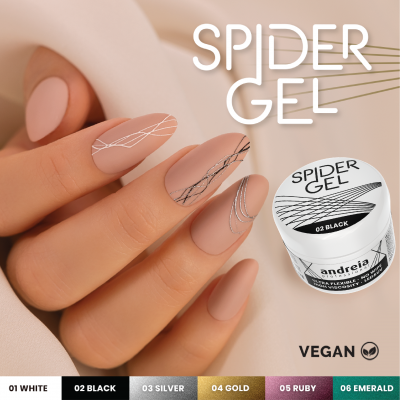 Unhas nude decoradas com linhas Spider Gel branco e preto e pote do produto Spider Gel 02 Black da Andreia