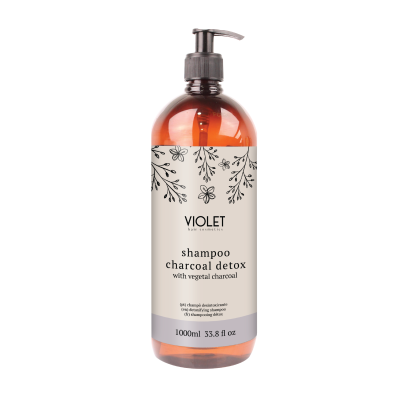 Frasco de shampoo Violet charcoal detox com doseador