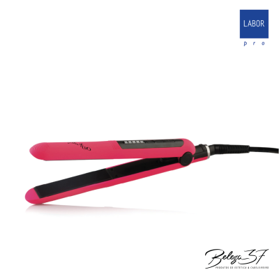 Prancha alisadora de cabelo rosa e preta com visor digital