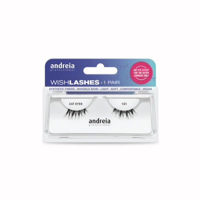 Cílios postiços Andreia WISHLASHES 101 CAT EYES em embalagem transparente com fundo azul e roxo