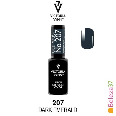 Frasco de verniz gel VICTORIA VYNN número 207 DARK EMERALD com amostra de cor verde escura