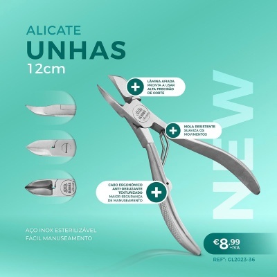 Alicate de unhas de 12cm em aço inox com cabo ergonómico e mola resistente