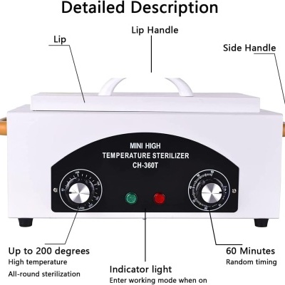 Esterilizador branco com botões e luzes indicadoras, com texto MINI HIGH TEMPERATURE STERILIZER CH-360T.