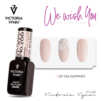 Verniz gel Victoria Vynn GP 266 Happiness com amostra de unhas em tons nude e padrão decorativo branco