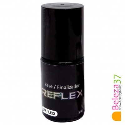 Frasco preto de base finalizador REFLEX UV LED 5 ML com texto prateado e branco em fundo branco.