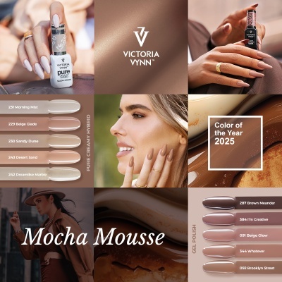 Collage de esmaltes em tons nude e castanhos com logotipo Victoria Vynn e texto Color of the Year 2025