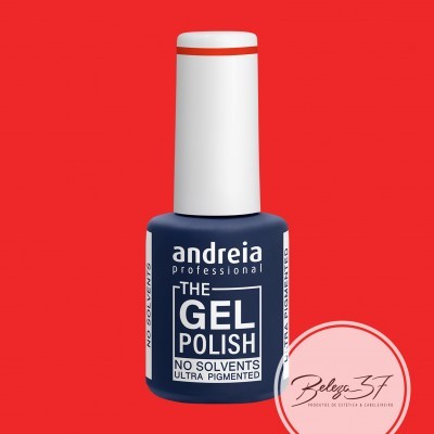 Frasco de verniz gel azul escuro da Andreia Professional com tampa branca e selo rosa num fundo vermelho.