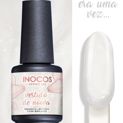 Frasco de verniz gel INOCOS branco leitoso com brilhos e amostra da cor