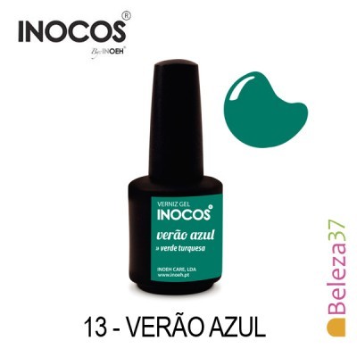 Frasco de verniz gel INOCOS cor verde turquesa com texto e amostra da cor
