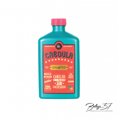 Frasco de shampoo Creoula em plástico azul-turquesa com tampa rosa e etiqueta vermelha com texto amarelo e branco