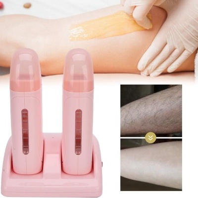 Conjunto de dispensadores de cera cor de rosa para depilação com imagem de aplicação e comparação antes e depois.