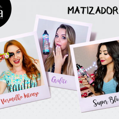 Três polaroids com mulheres segurando sprays matizadores 3D da Gota Cosméticos em cores Vermelho Intenso, Grafite e Super Black.