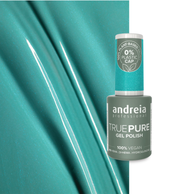 Esmalte azul-esverdeado Andreia True Pure Gel Polish 100% Vegan com tampa azul e rótulo cinza