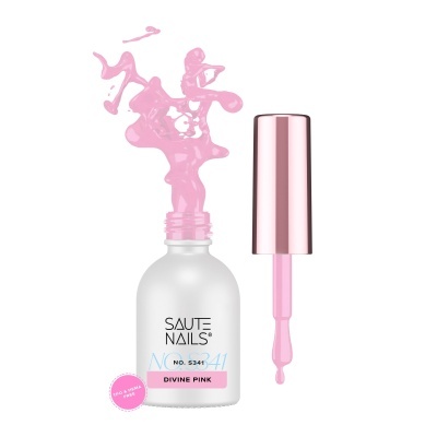 Verniz de unhas rosa SAUTE NAILS com pincel aberto e verniz a sair do frasco