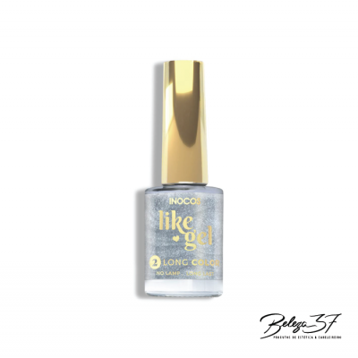 Frasco de verniz para unhas metálico prateado com tampa dourada e texto dourado.