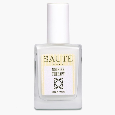 Frasco de vidro fosco com tampa branca e rótulo amarelo e branco com texto SAUTE CARE NOURISH THERAPY MILK VEIL