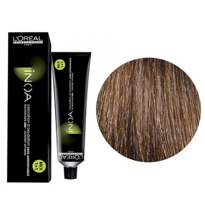 Tubo e caixa de tinta para cabelo L'Oréal INOA e círculo com amostra de cor castanho claro