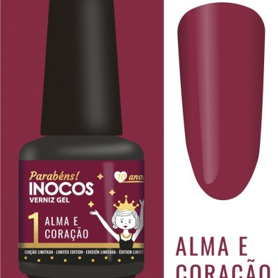 Frasco de verniz gel Inocos bordeaux com amostra da cor e texto da marca e cor.