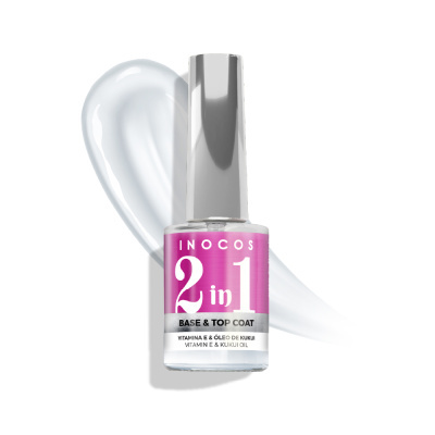 Frasco de verniz INOCOS 2 in 1 Base & Top Coat com rótulo rosa e tampa prateada