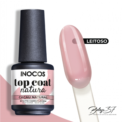 Frasco de verniz e amostra rosada leitosa top coat natura INOCOS