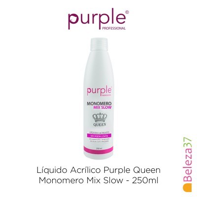 Frasco branco de 250ml de Líquido Acrílico Purple Queen Monomero Mix Slow com texto roxo e rosa