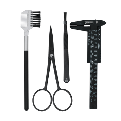 Conjunto de ferramentas para sobrancelhas preto com escova, tesoura, pinça e paquímetro.
