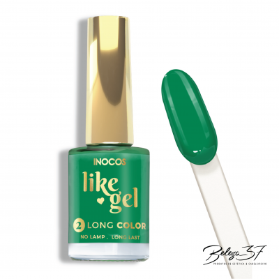 Esmalte de unhas verde Inocos Like Gel com amostra da cor em suporte branco