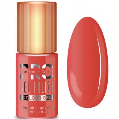 Verniz de gel coral Constance Carroll com tampa dourada e amostra da cor ao lado