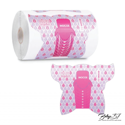 Rolo e molde para unhas com padrão rosa e lilás e texto INOCOS e MOLDES regular